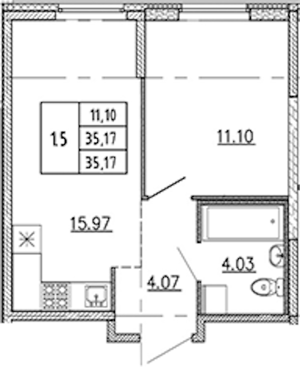 1-комнатная квартира 35.17 м², 1/22 эт., ЖК «Новые горизонты 2»